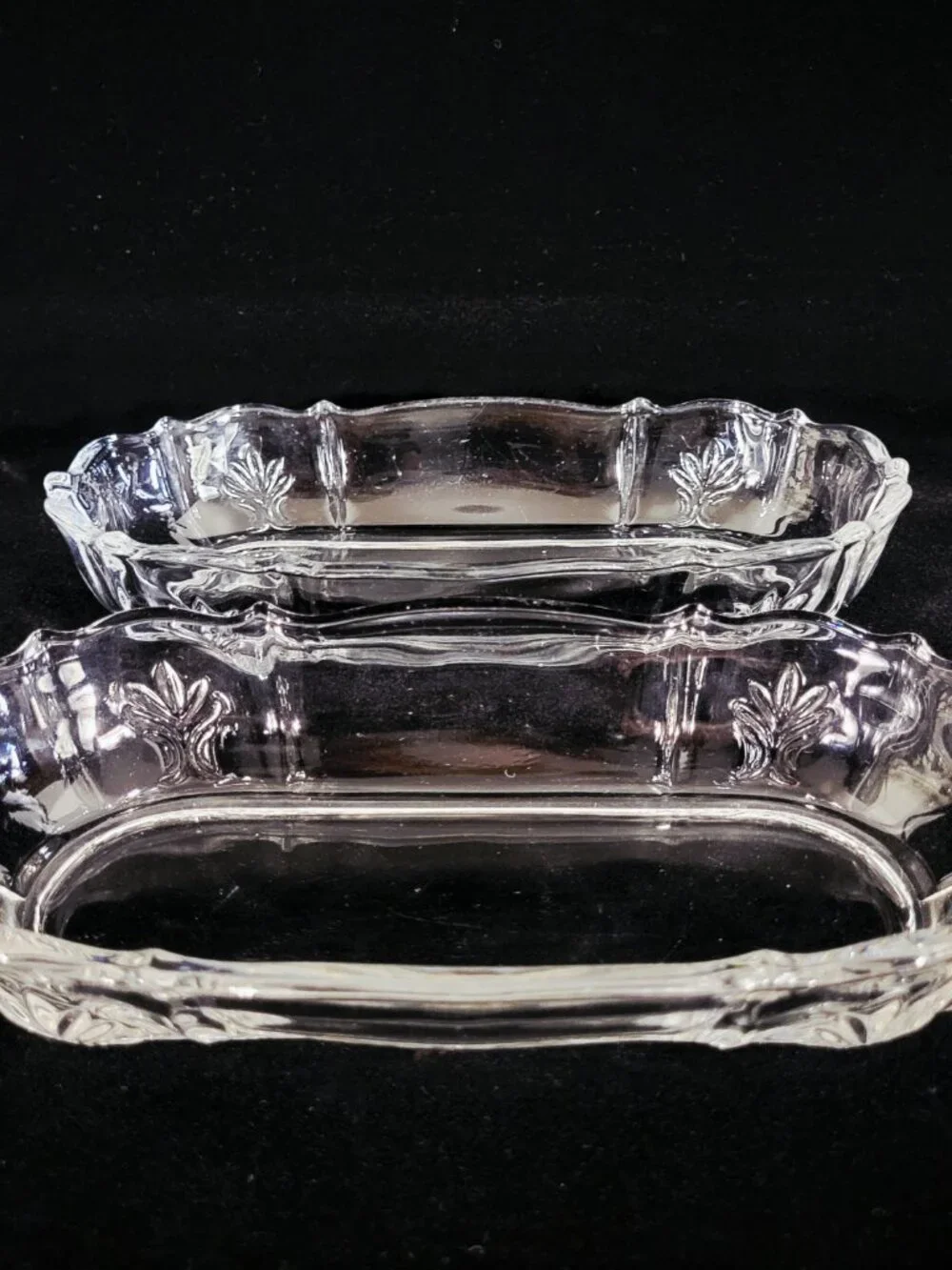 FOSTORIA~BAROQUE~4 PIECE~VINTAGE CLEAR GLASS RELISH CELERY DISH NUT DISH COMPOTE